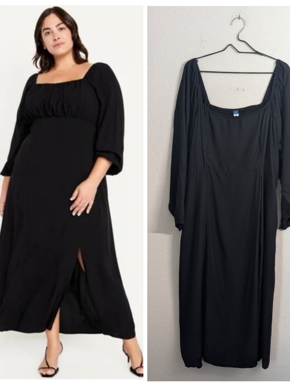 NWT Old Navy Black Long Sleeve Midi Maxi Dress Plus Sz 3X Side Slit Square Neck